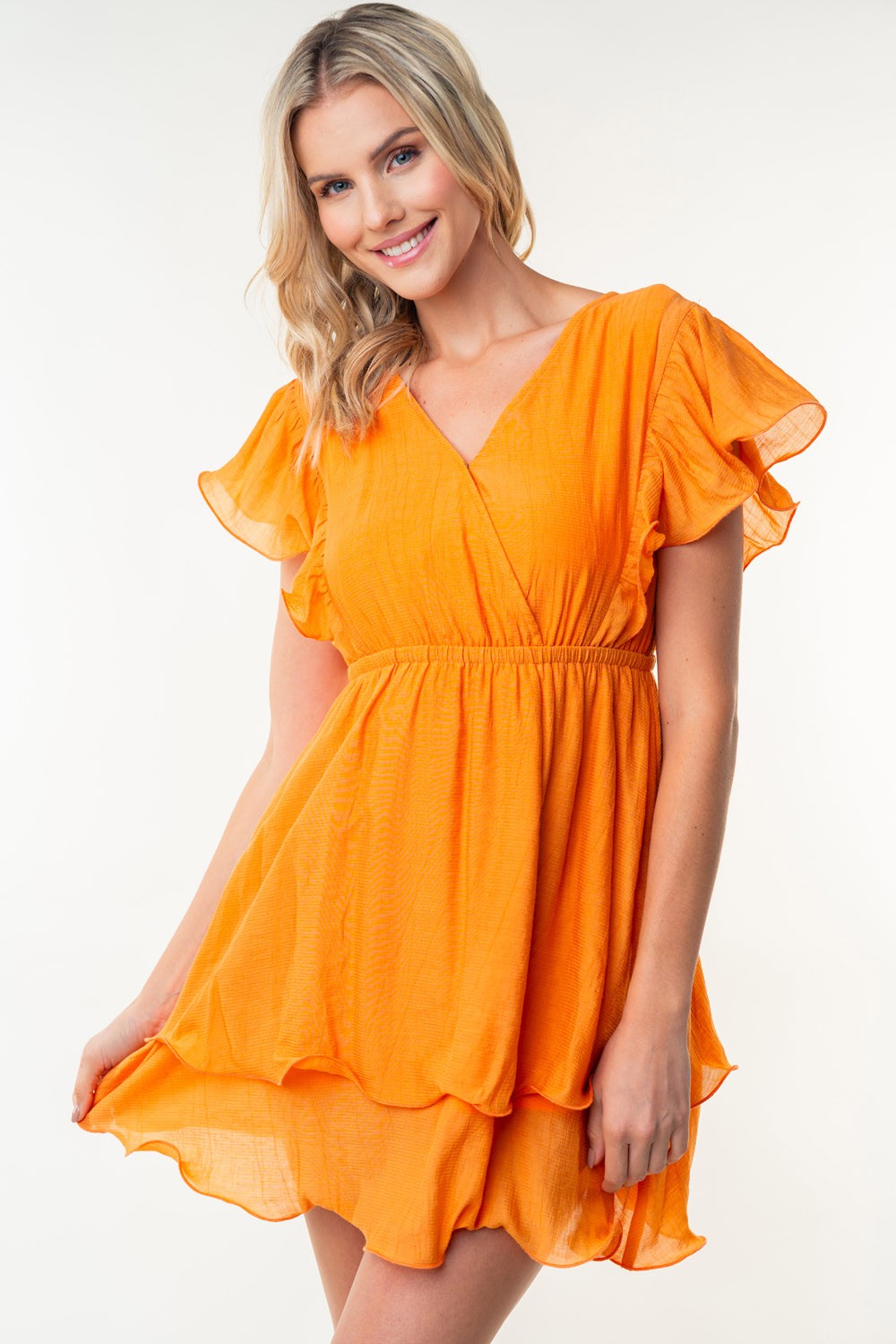 Apricot Short Sleeve Woven Ruffle  Dress