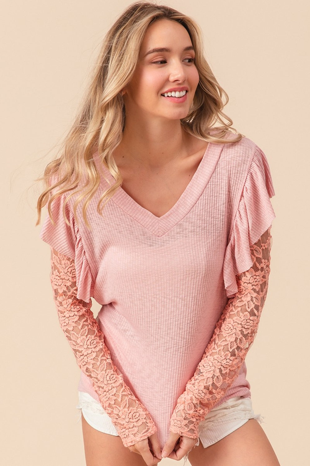 Blush Lace Sleeve Rib Knit Top