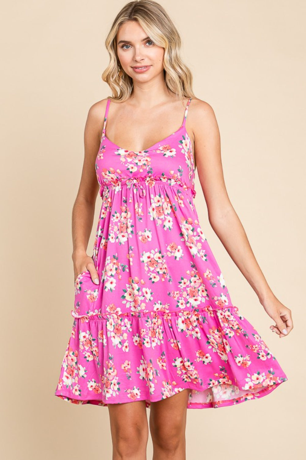 Pink Floral Ruffled Cami Dress