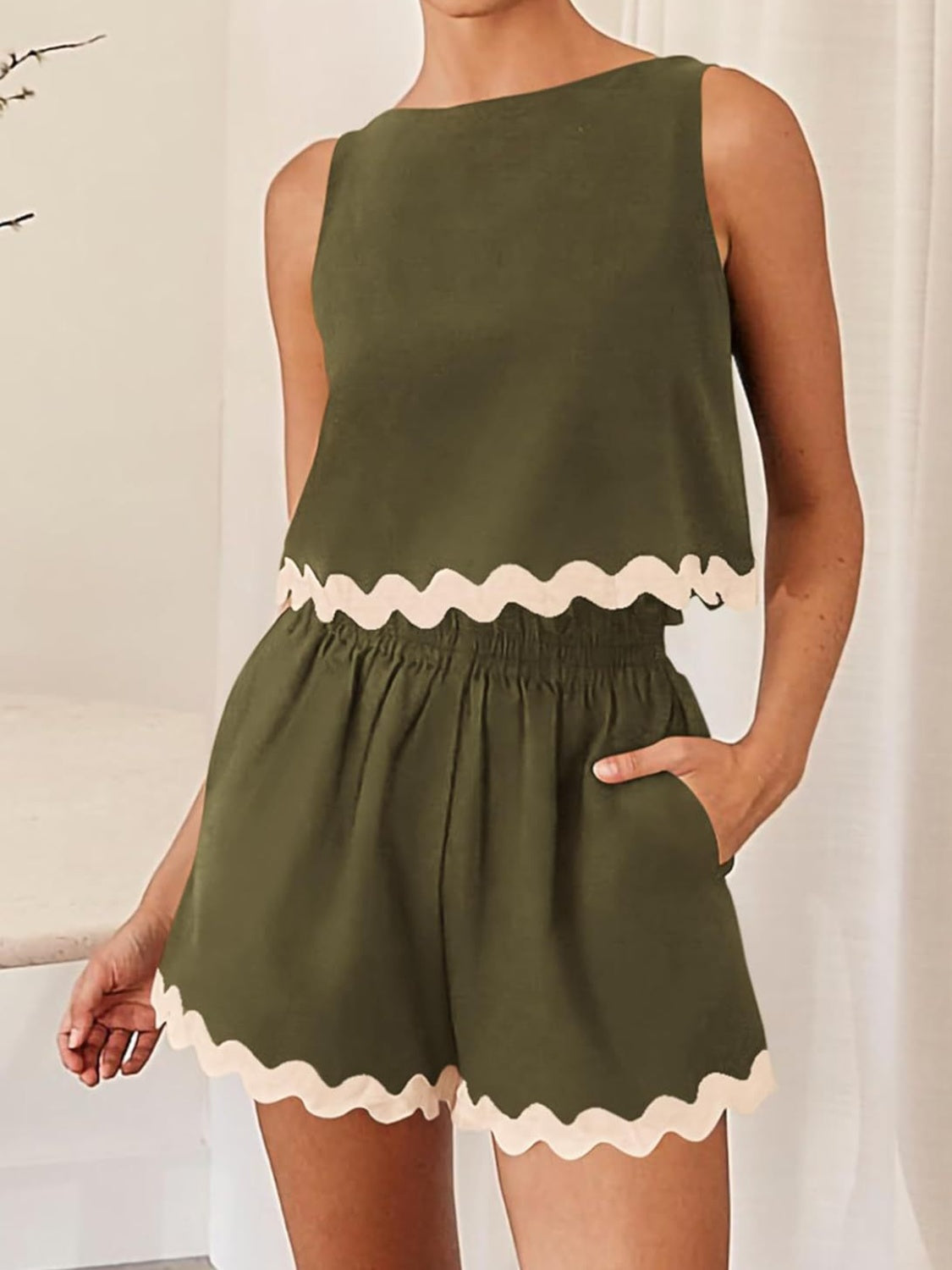 Scalloped Trim Sleeveless Top and Shorts Set