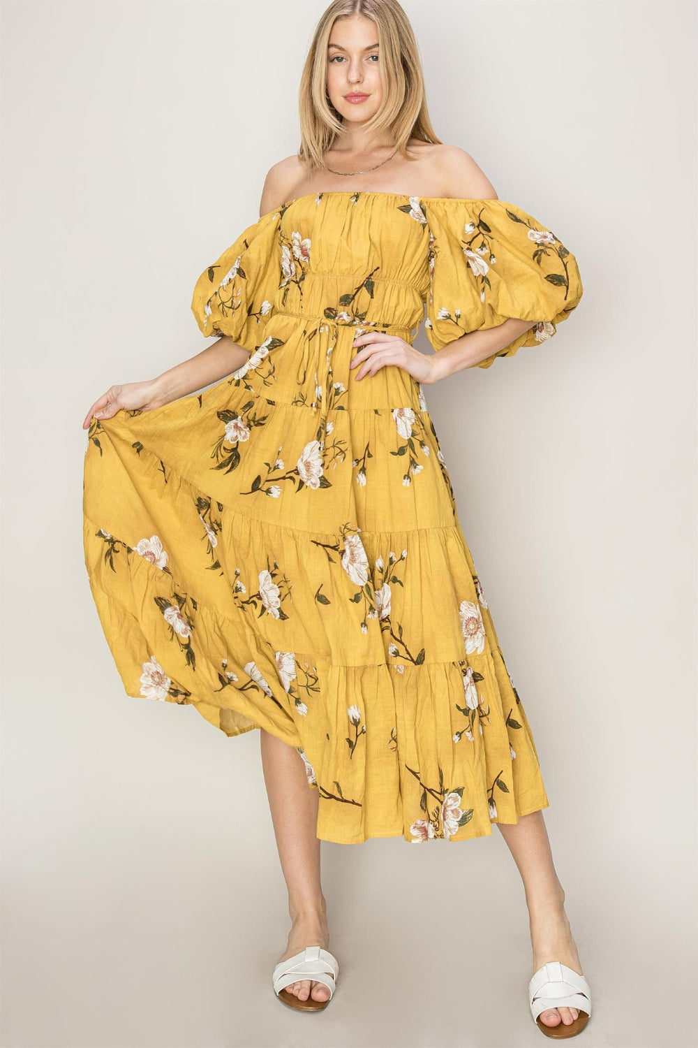 Mustard Floral Puff Sleeve Tiered Dress