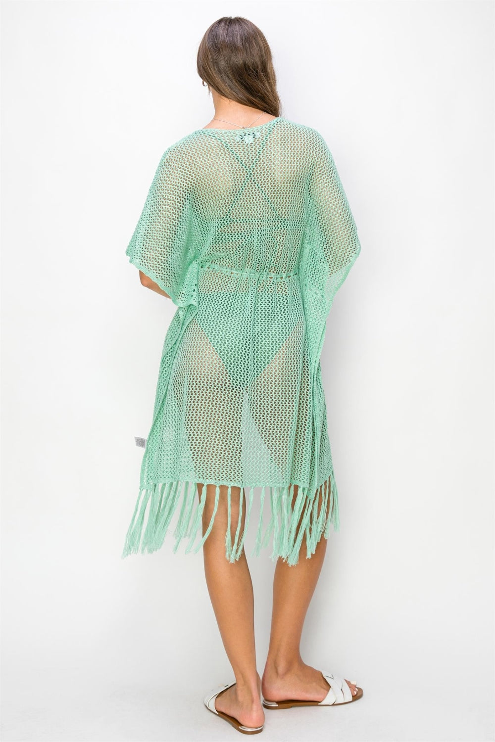 Mint Drawstring Waist Fringed Hem Cover Up