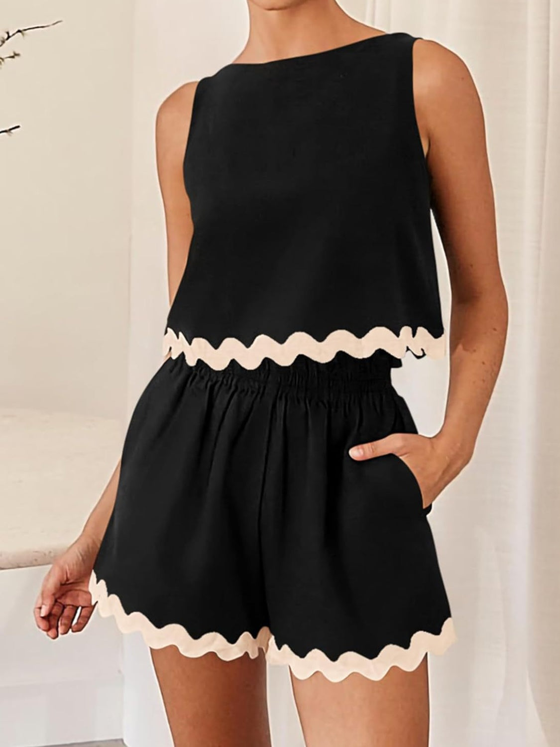 Scalloped Trim Sleeveless Top and Shorts Set