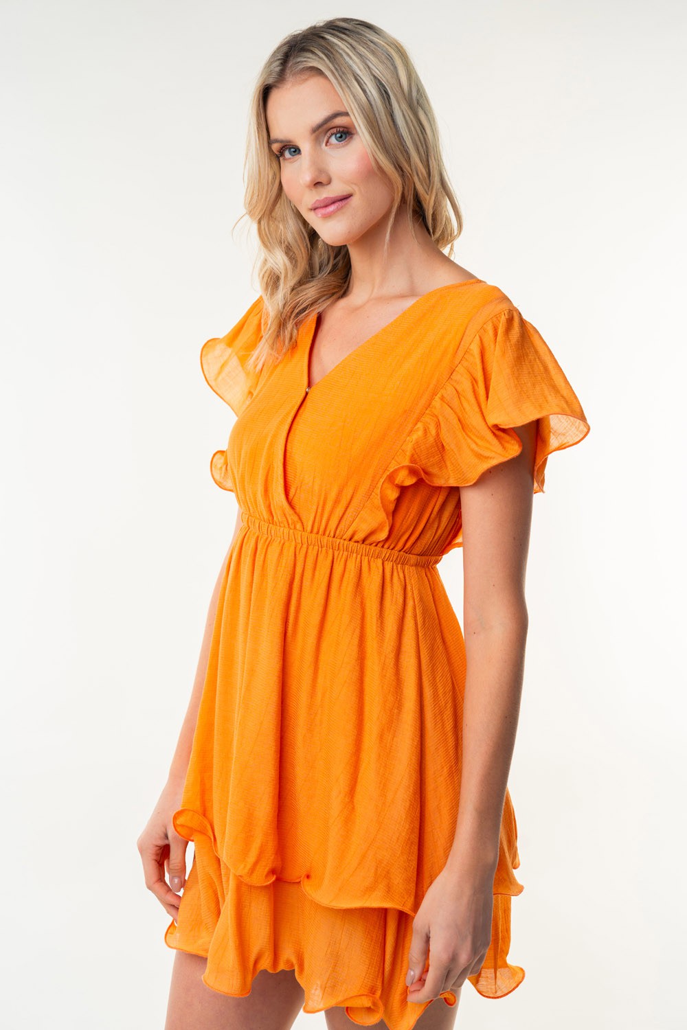 Apricot Short Sleeve Woven Ruffle  Dress
