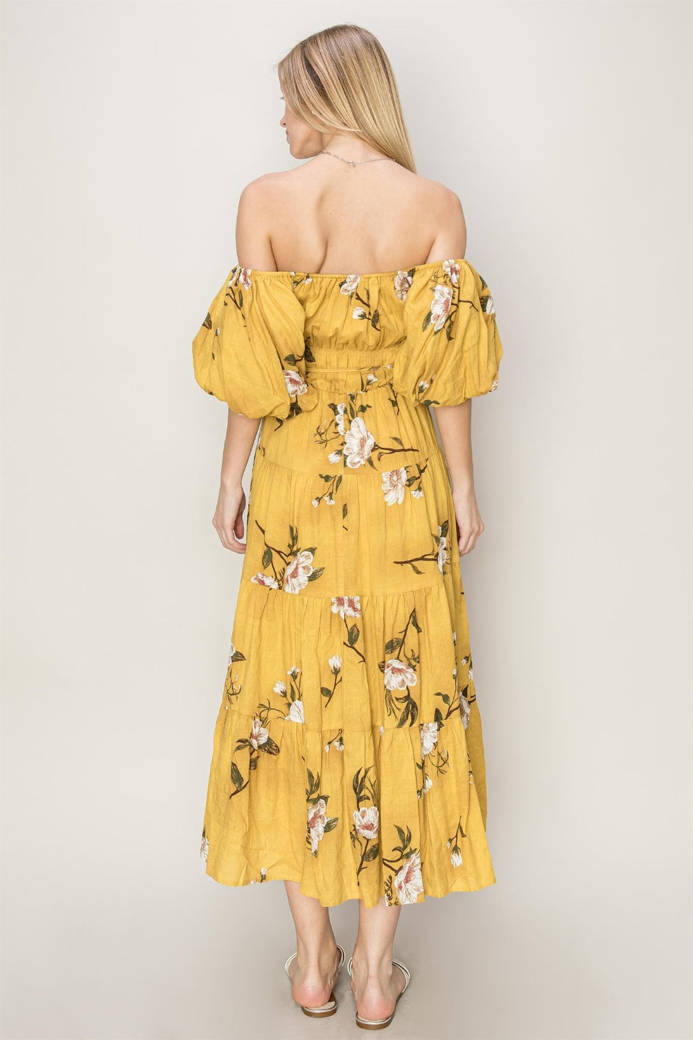 Mustard Floral Puff Sleeve Tiered Dress