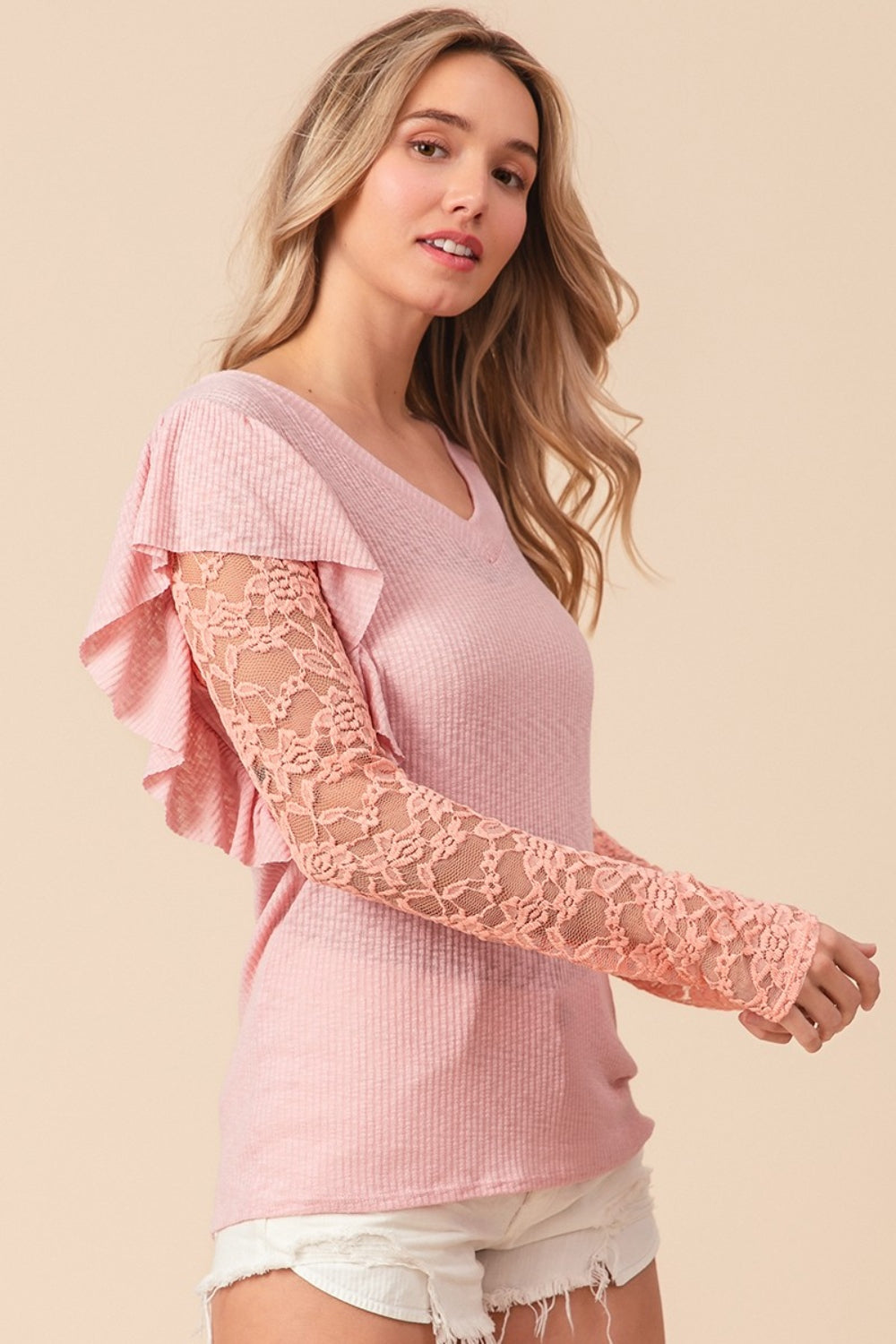 Blush Lace Sleeve Rib Knit Top