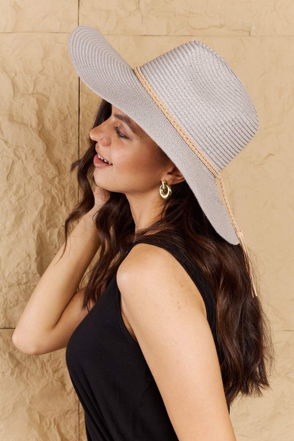 Grey Straw Braided Sun Hat