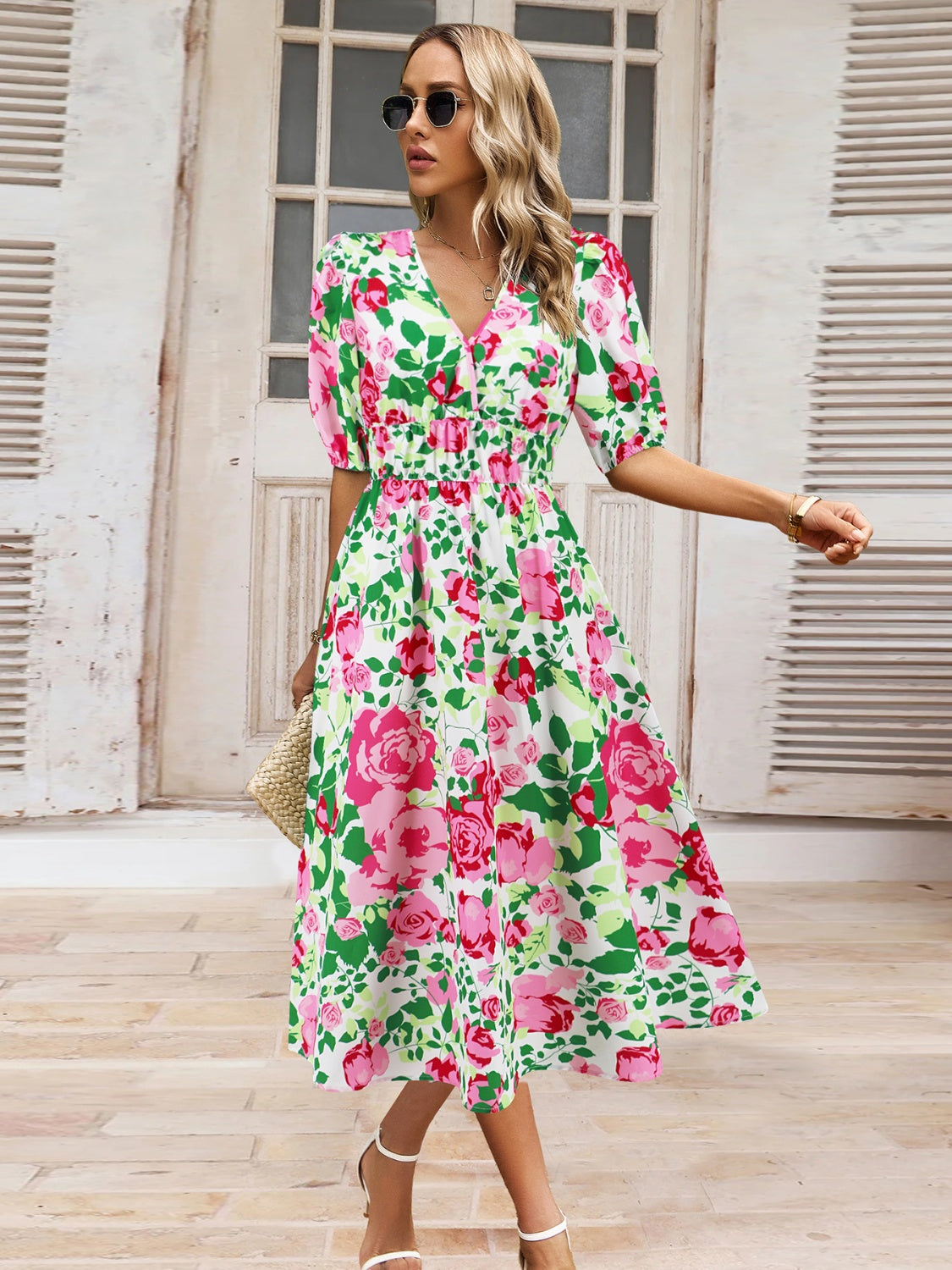 Floral Printed Short Sleeve Midi Dress – Jolie Occasions