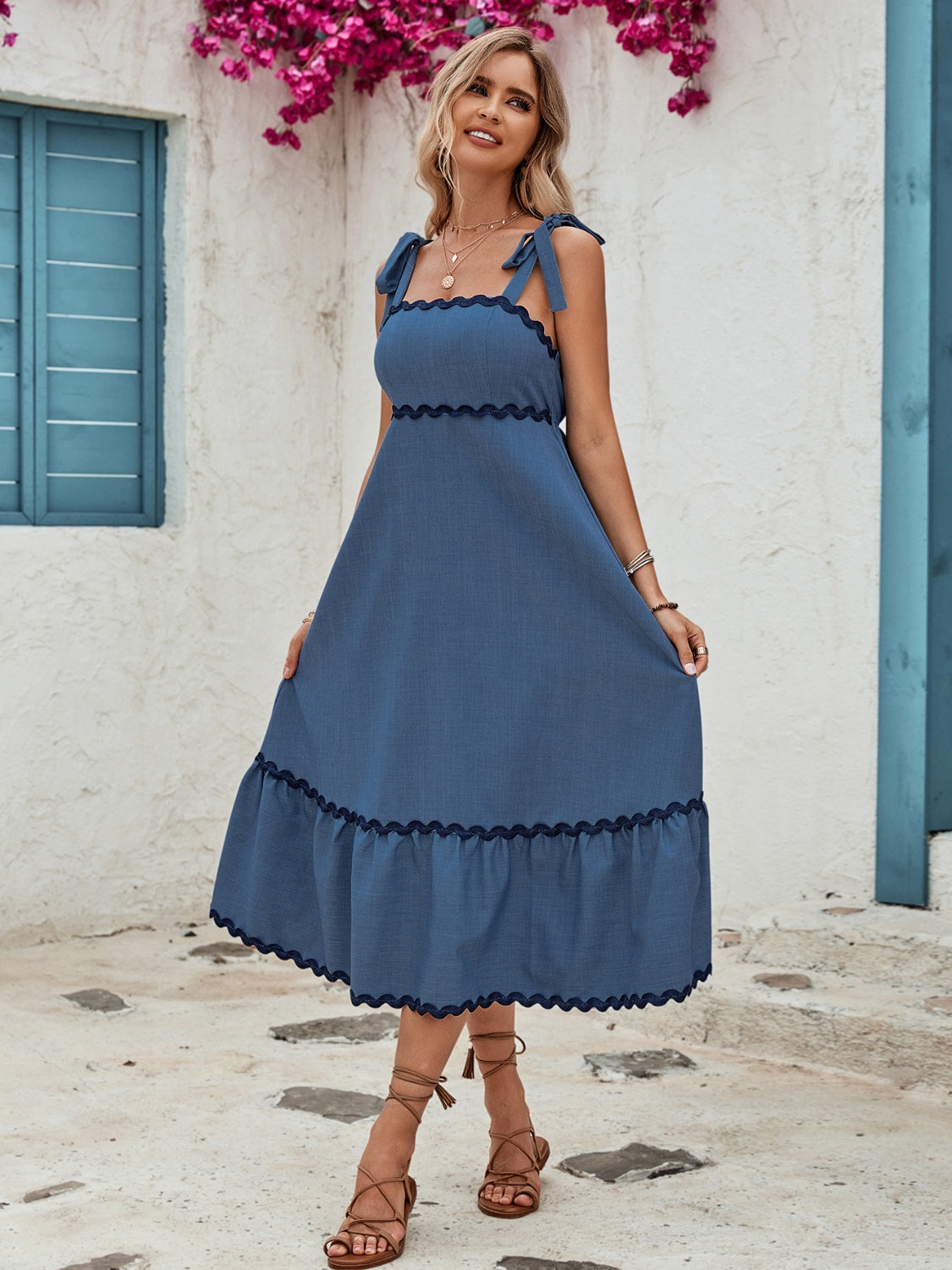Blue Contrast Trim Wide Strap Cami Dress
