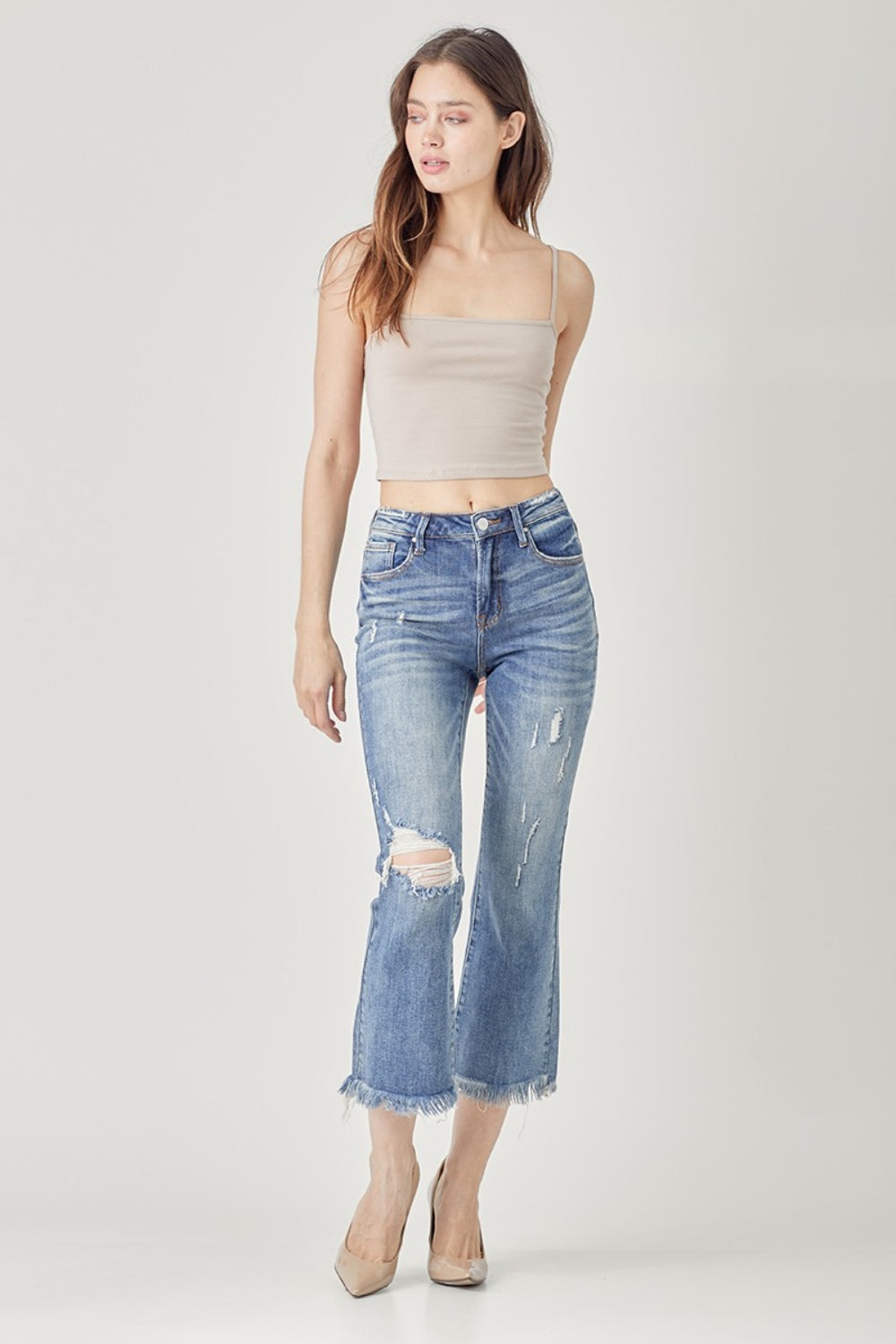 Eva High Waist Distressed Cropped Bootcut Jeans