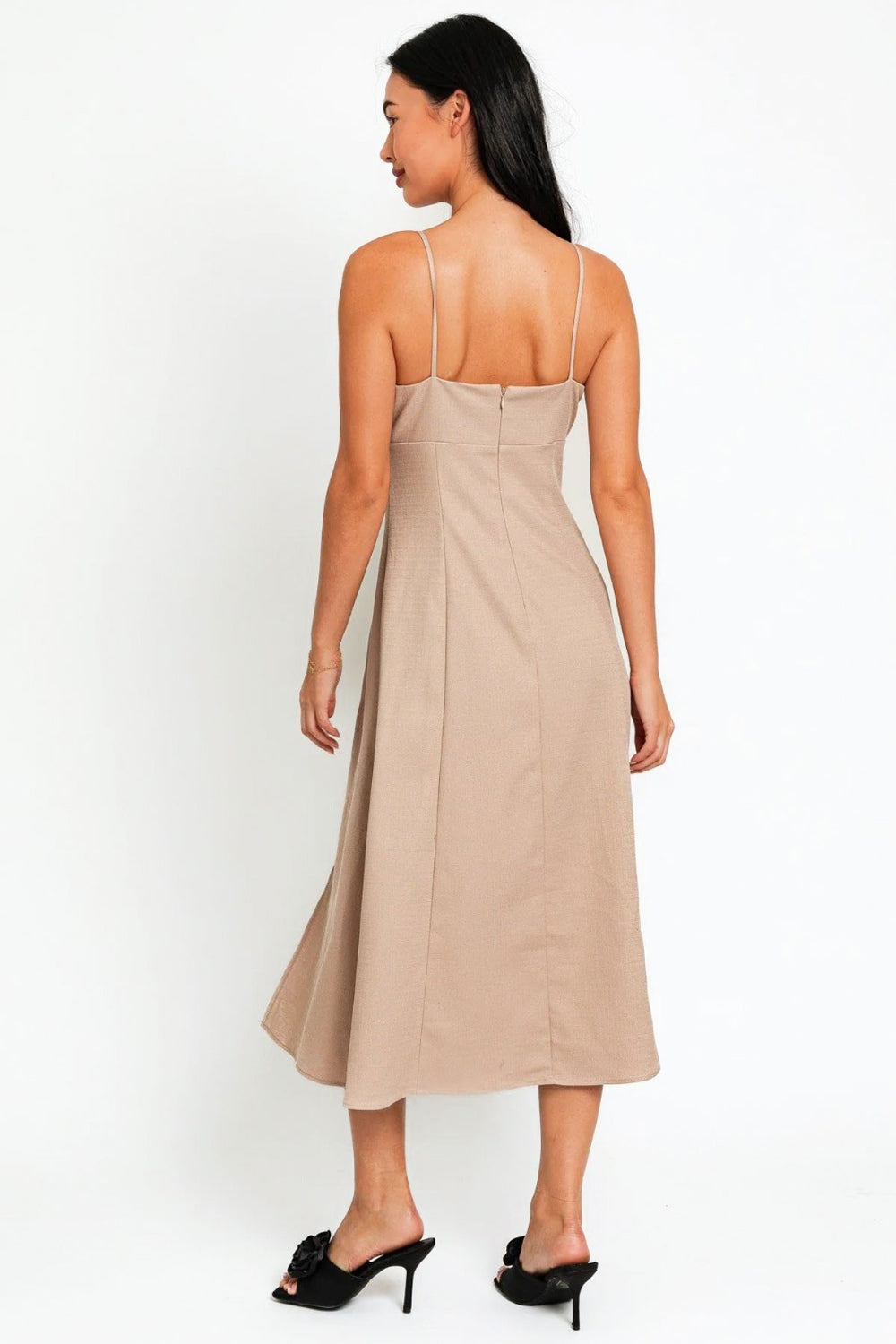 Beige Tie Front Slit Midi Dress