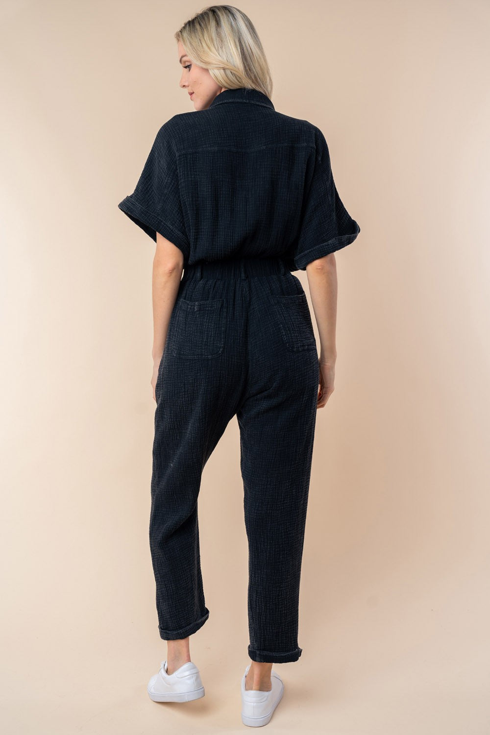 Black Gauzy Button Front Jumpsuit