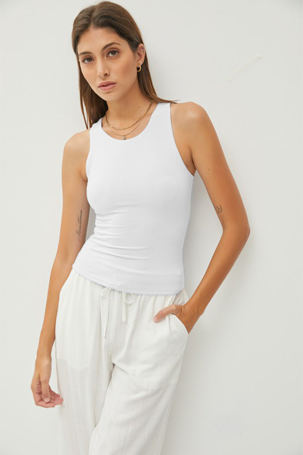 Off White Round Neck Wide Strap Tank