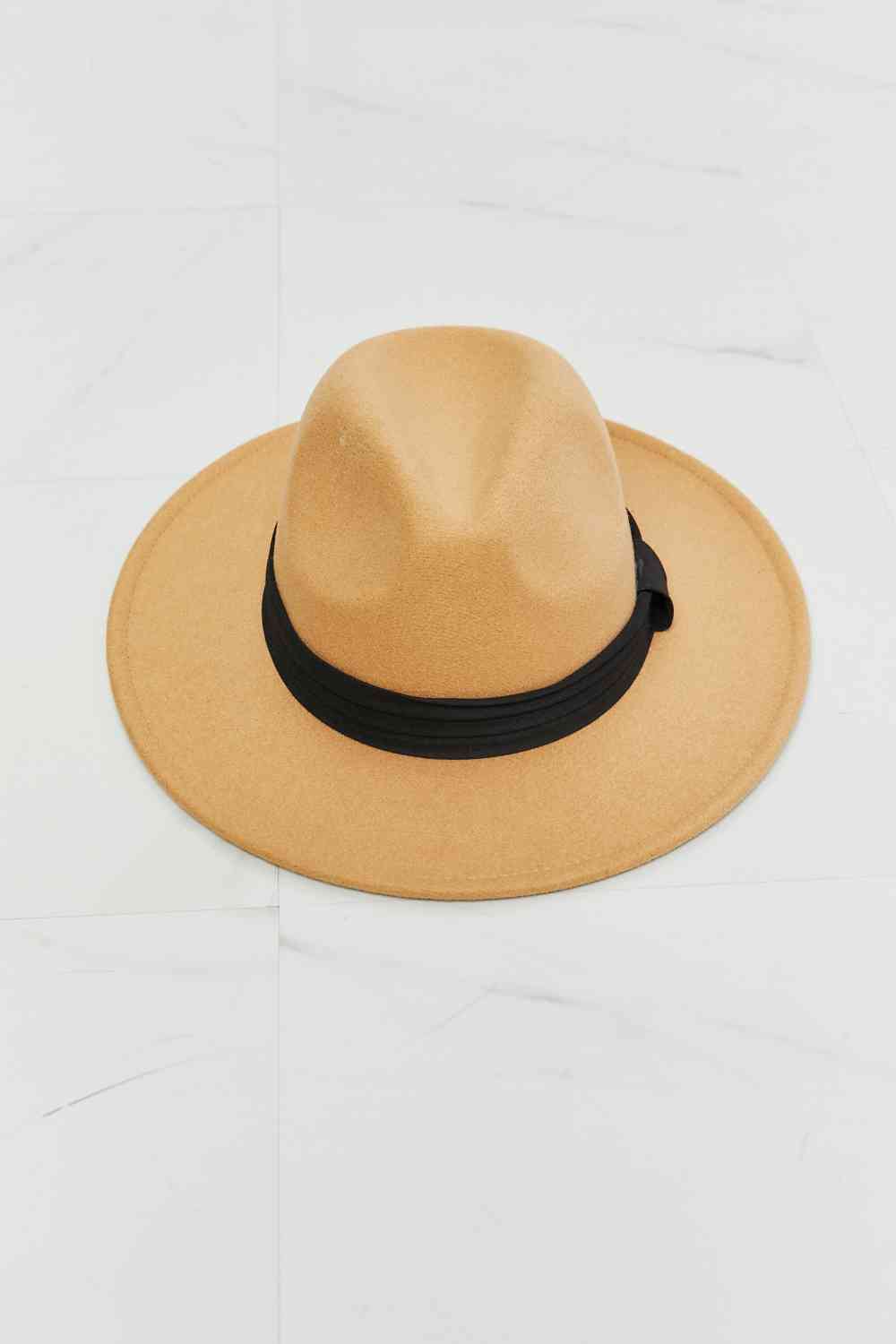 Tan Fedora Hat With Black Ribbon