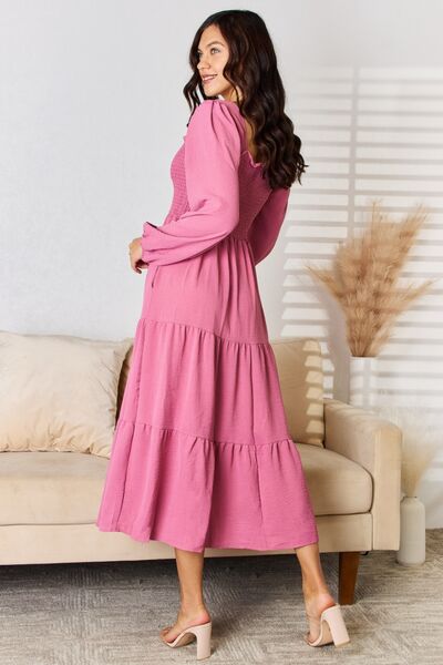 Rose Pink Smocked Tiered Midi Dress