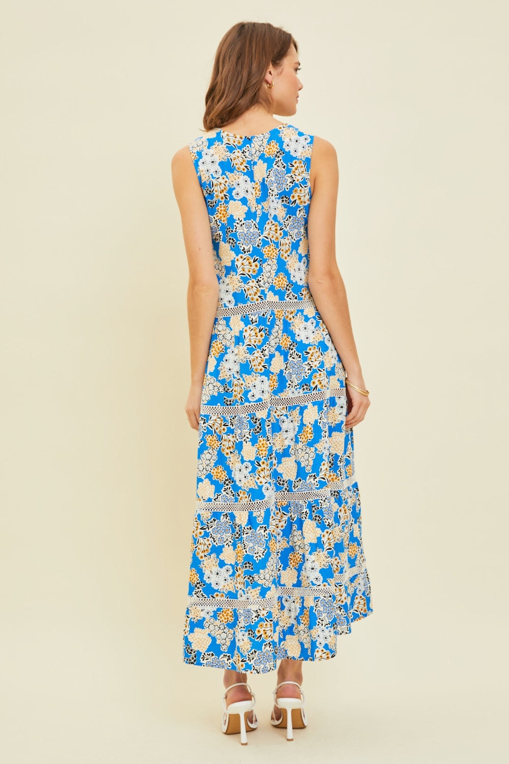 Blue Printed Crochet Trim Maxi Dress