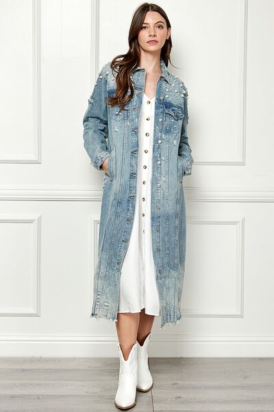 Distressed Raw Hem Pearl Detail Jacket