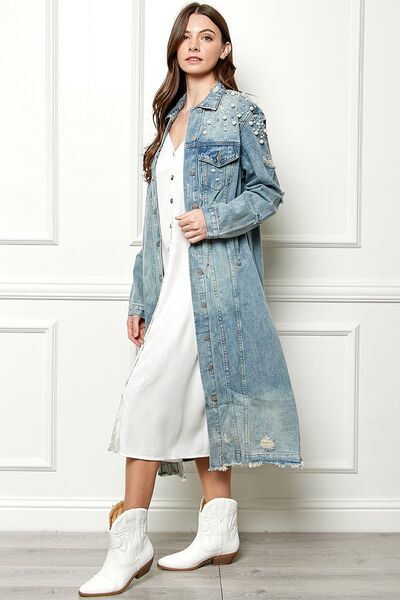 Distressed Raw Hem Pearl Detail Jacket