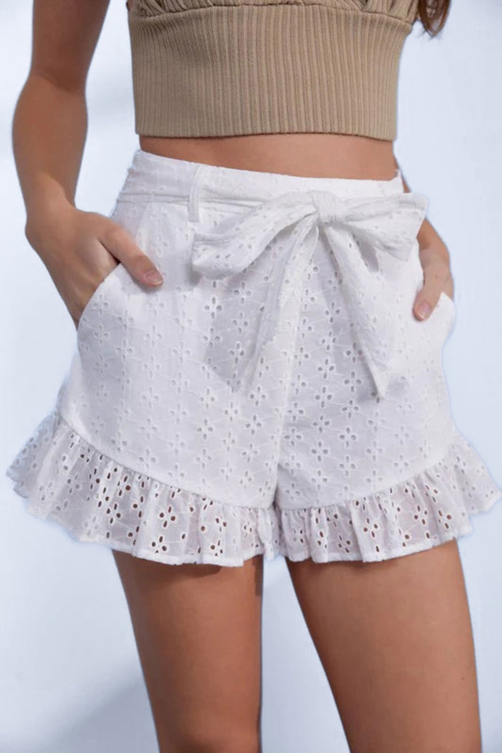 White Eyelet Floral Lace Belted Shorts