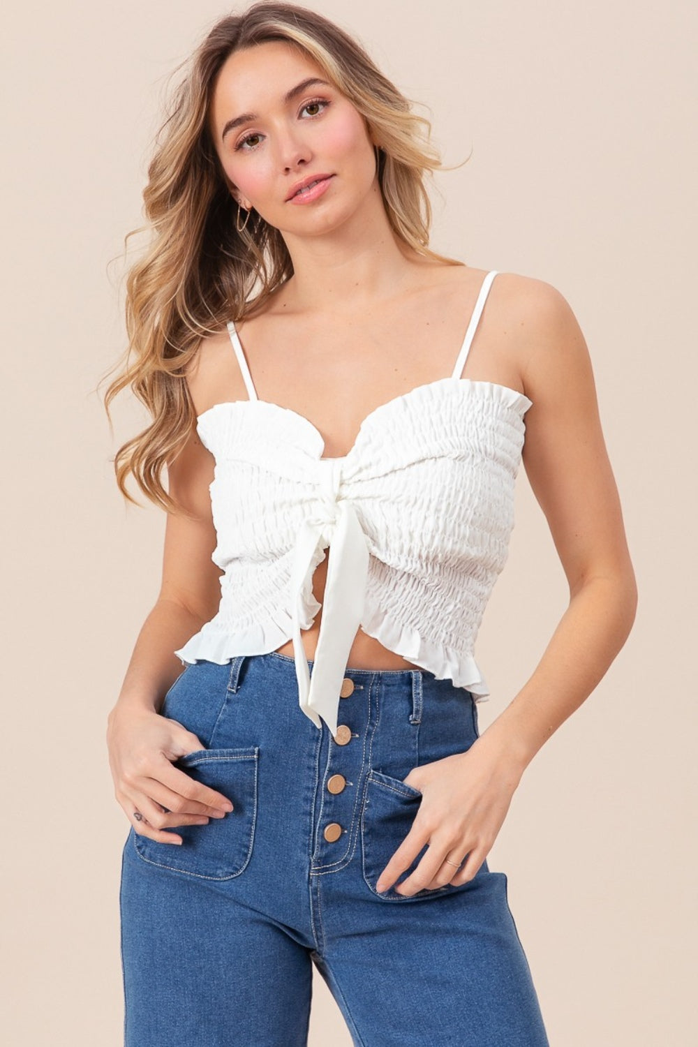 White Smocked Ribbon Detail Cami