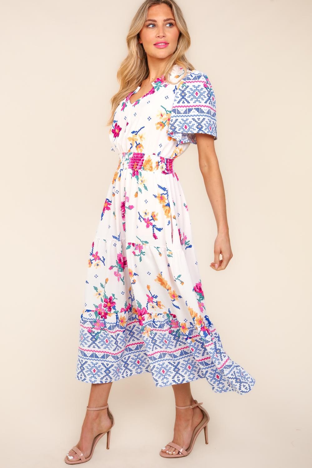 Ivory & Blue Printed Tiered Midi Dress