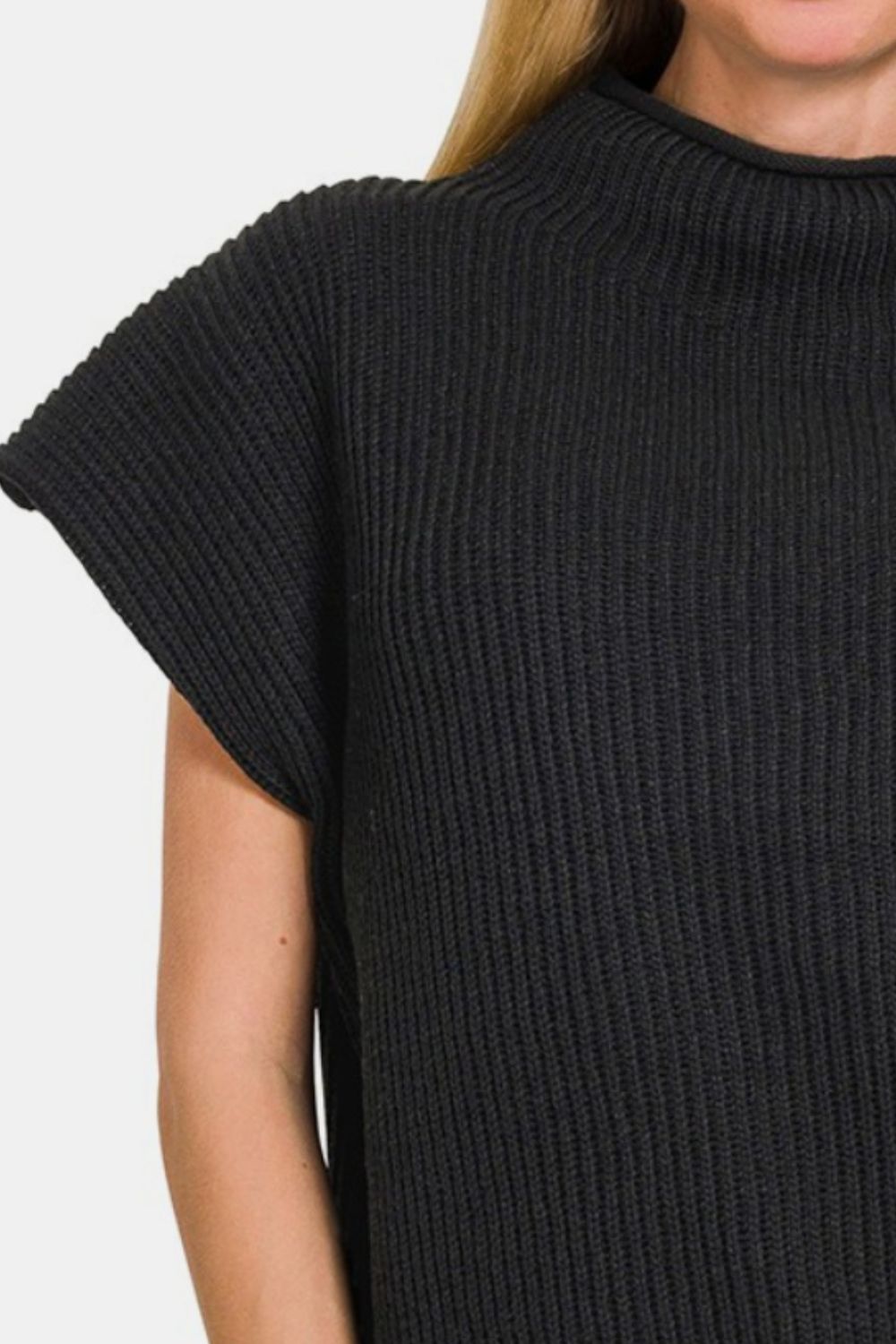 Black Short Sleeve Mock Neck Sweater