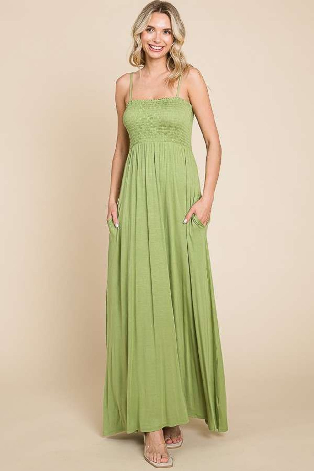 Olive Green Smocked Maxi Dress