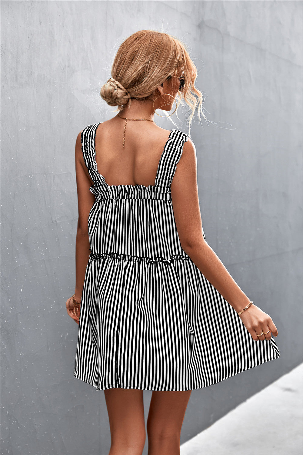 B&W Striped Frill Trim Square Neck Dress