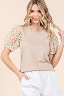 Taupe Round Neck Puff Sleeve Top
