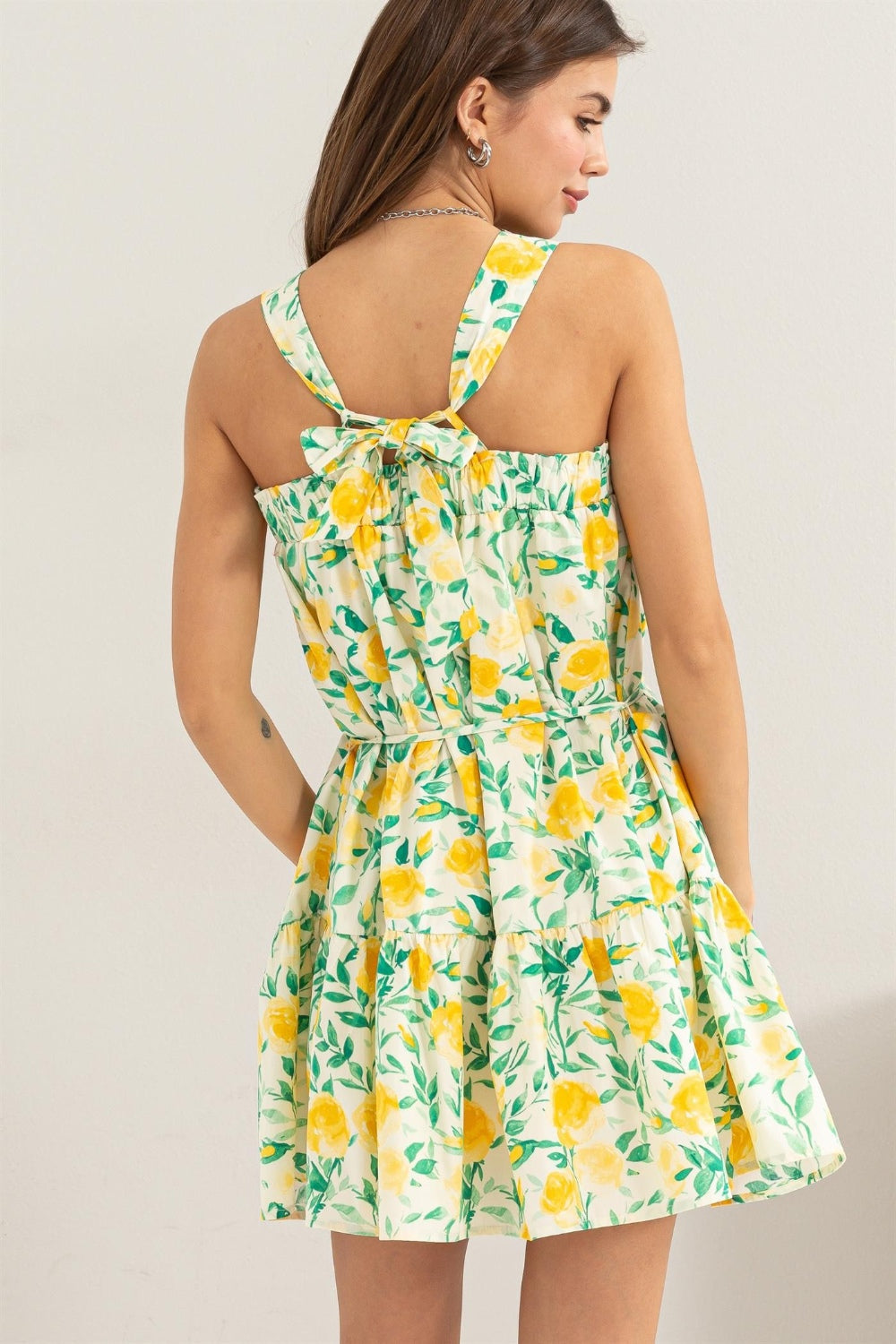 Yellow Floral Tie Shoulder Mini Dress