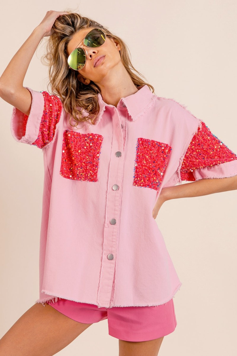 Pink Sequin Detail Raw Hem Short Sleeve Shirt