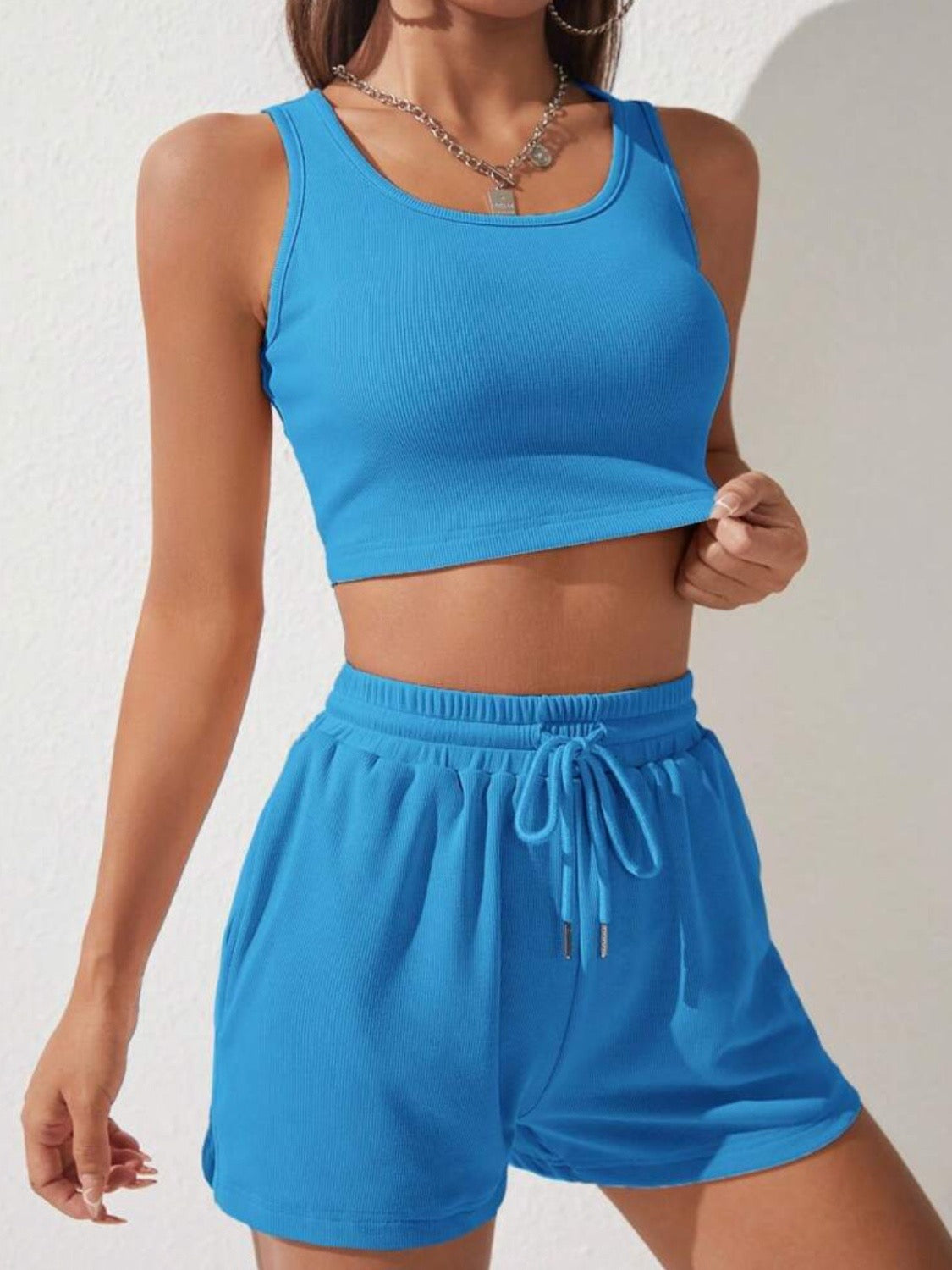 Scoop Neck Top and Drawstring Shorts Set