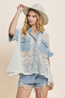 White Button Up Short Sleeve Lace Shirt