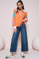 Coral Color Block Top with Striped Panel