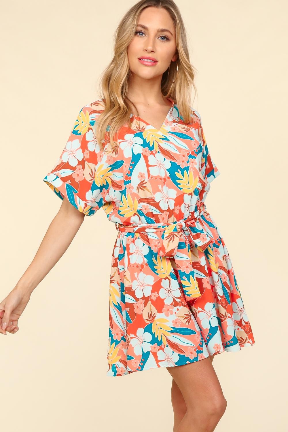 Coral Tropical Short Sleeve Tied Romper