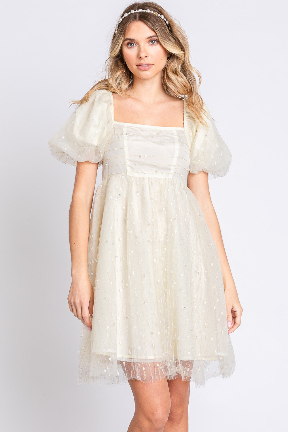 Cream Pearl Mesh Puff Sleeve Babydoll Dress