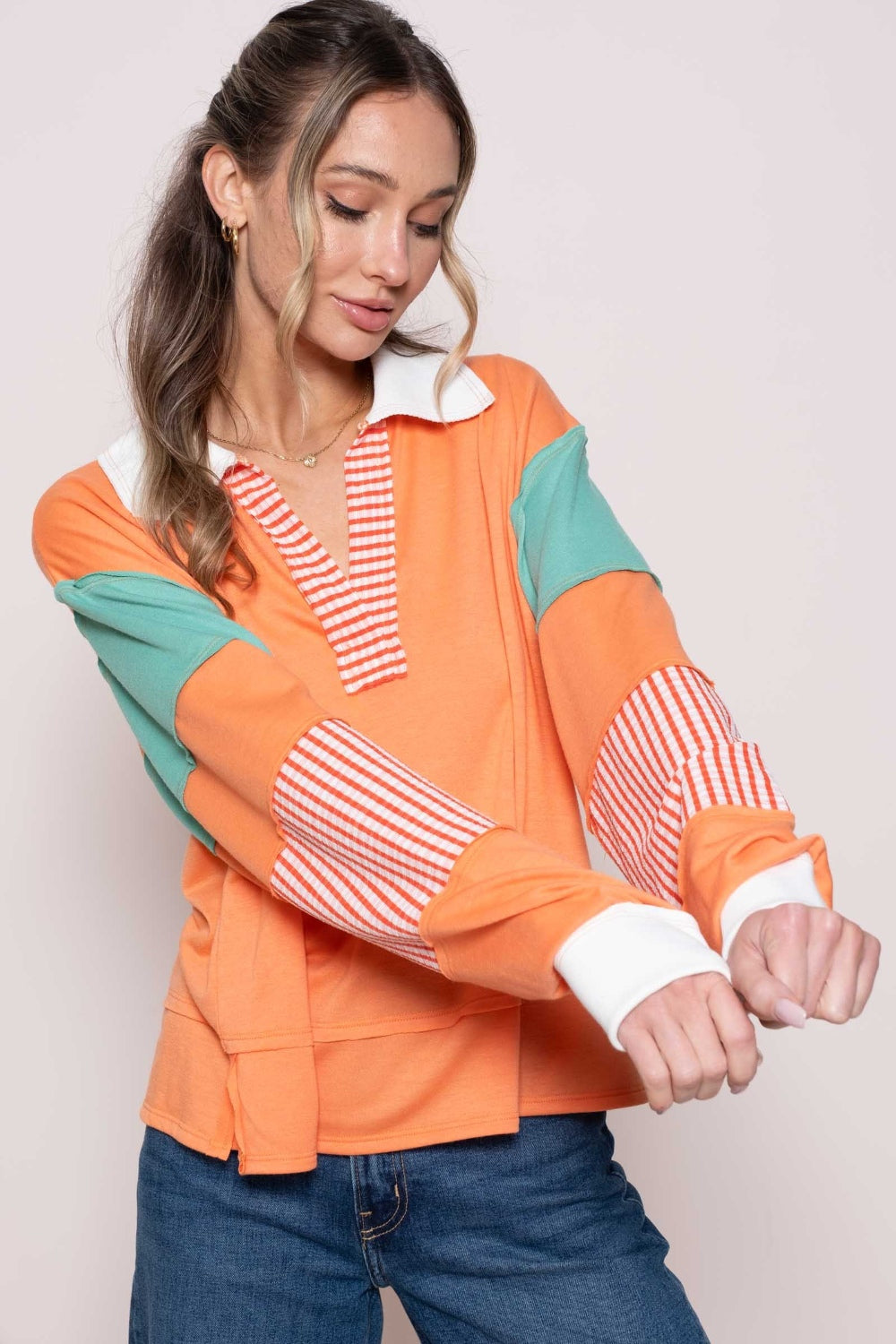 Coral Color Block Top with Striped Panel