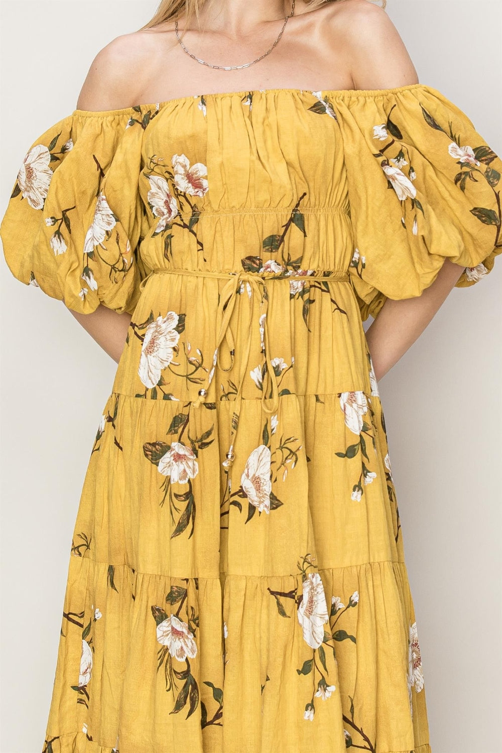 Mustard Floral Puff Sleeve Tiered Dress