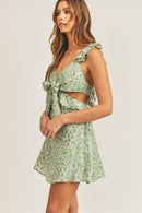 Sage Floral Side Cutout Ruffled Mini Dress