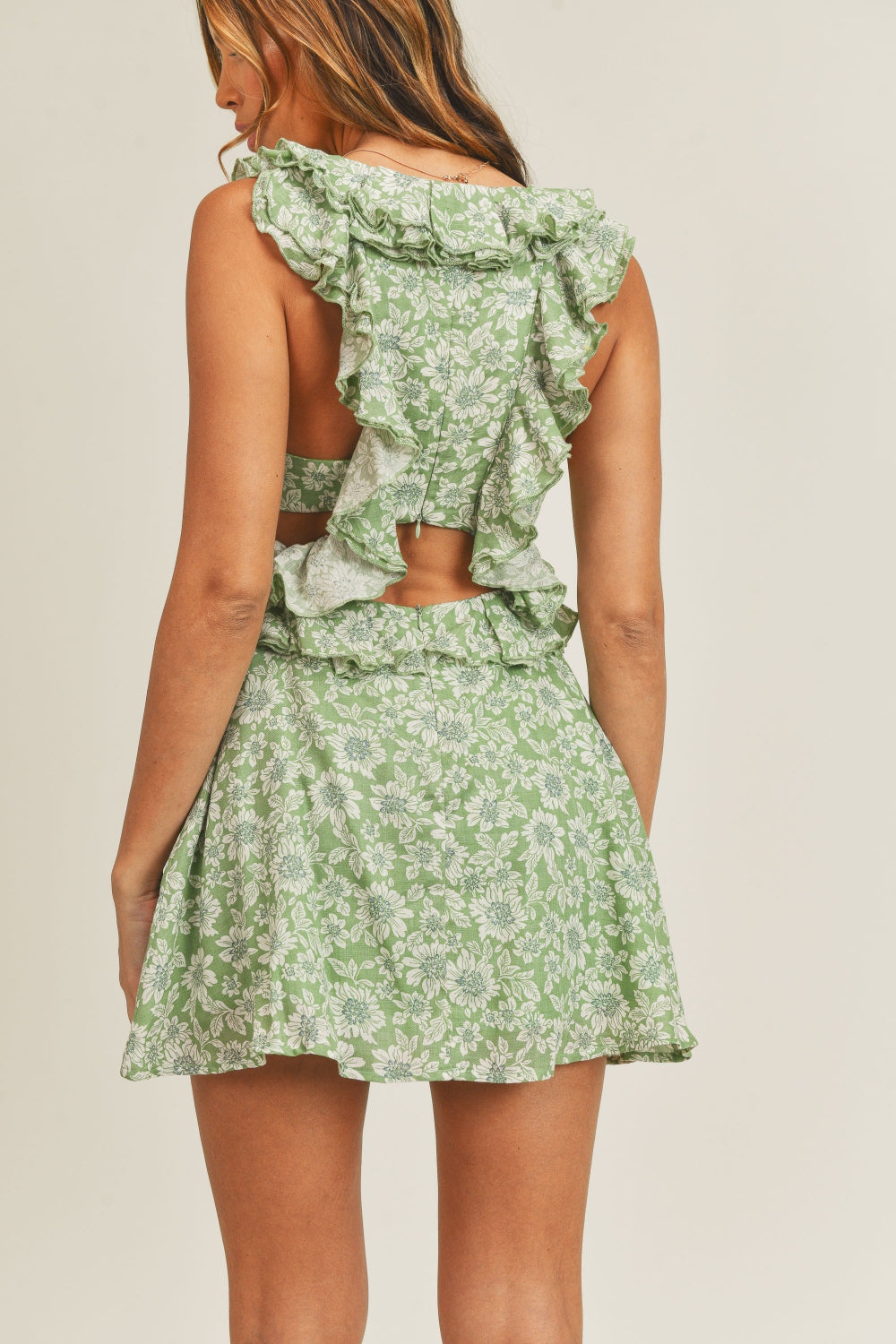 Sage Floral Side Cutout Ruffled Mini Dress