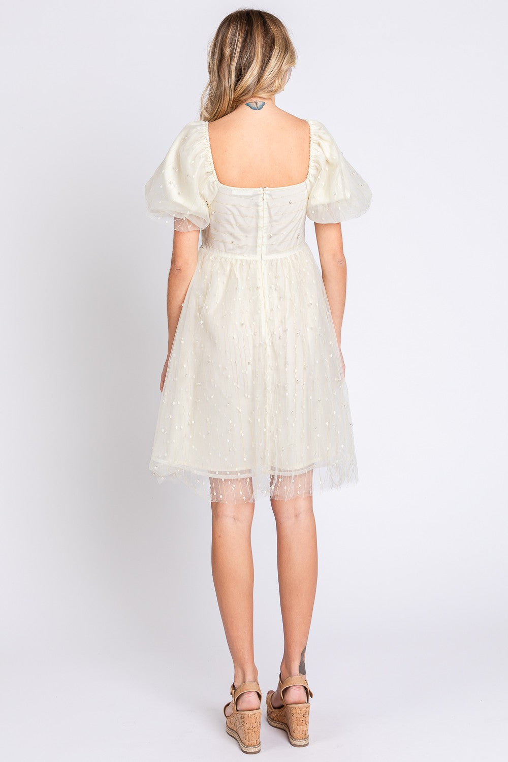 Cream Pearl Mesh Puff Sleeve Babydoll Dress