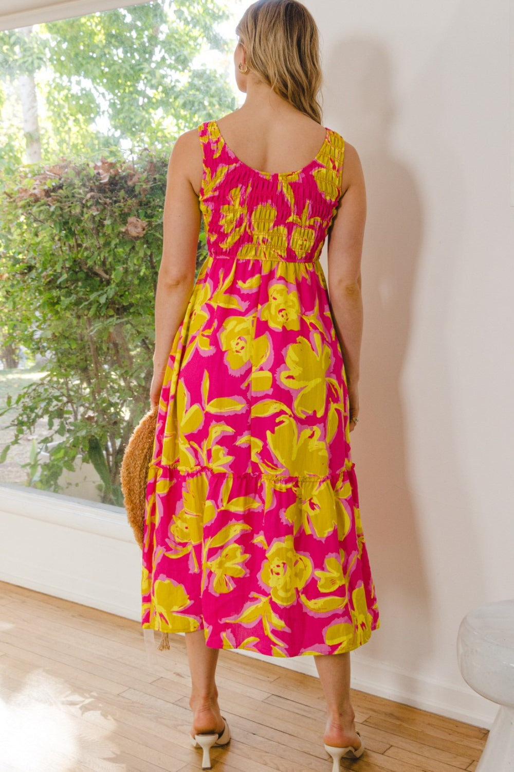 Hot Pink/Yellow Floral Smocked Midi Dress