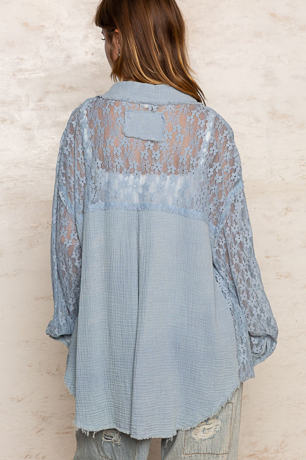 Blue Cornflower Oversize Pocket Front Lace Button-Down Shirt