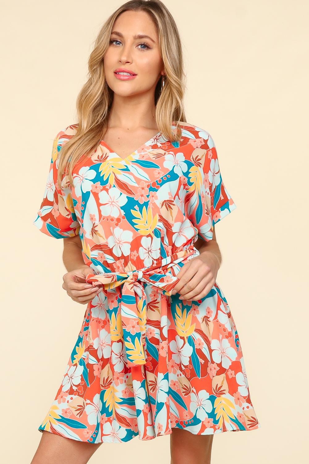 Coral Tropical Short Sleeve Tied Romper