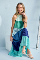 Aqua Color Block Sleeveless Tiered Maxi Dress
