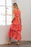 Orange Floral Ruffled Maxi Sleeveless Dress