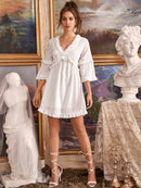 White Ruffled V-Neck Mini Dress