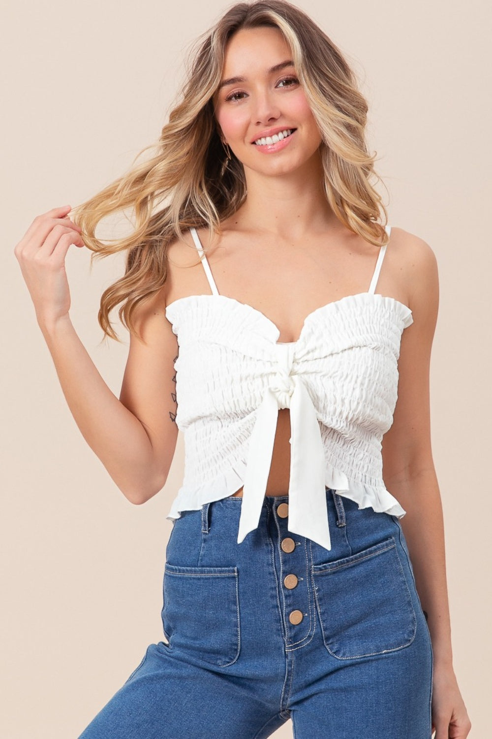 White Smocked Ribbon Detail Cami