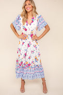 Ivory & Blue Printed Tiered Midi Dress