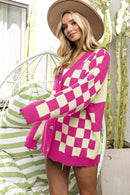 Pink Checkered Contrast Cardigan